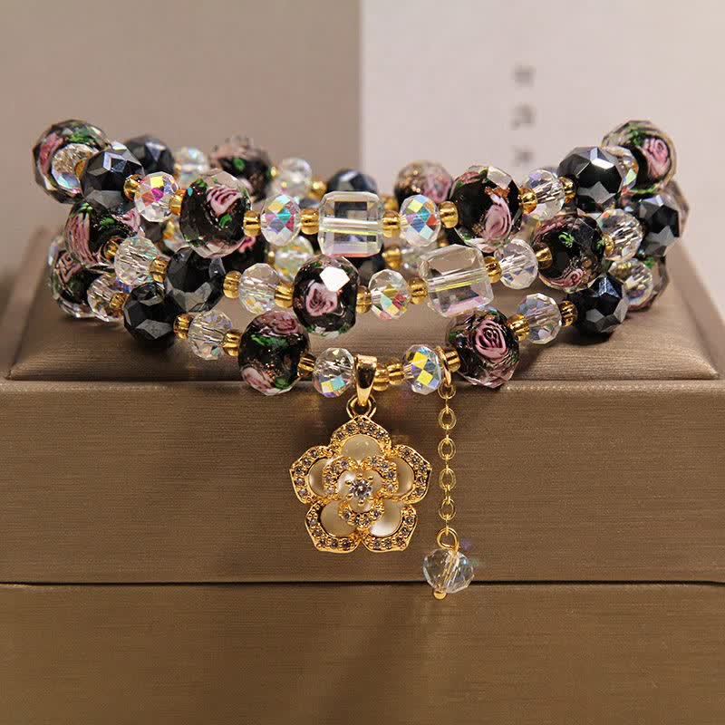 Buddha Stones ブラックリュウリガラスビーズフラワーカメリアチャームハーモニックコネクションブレスレット - ブラックカメリアチャーム - image 0
