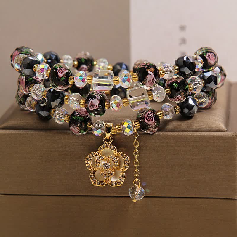 Buddha Stones ブラックリュウリガラスビーズフラワーカメリアチャームハーモニックコネクションブレスレット - image 7