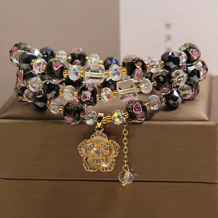 Buddha Stones ブラックリュウリガラスビーズフラワーカメリアチャームハーモニックコネクションブレスレット - image 7