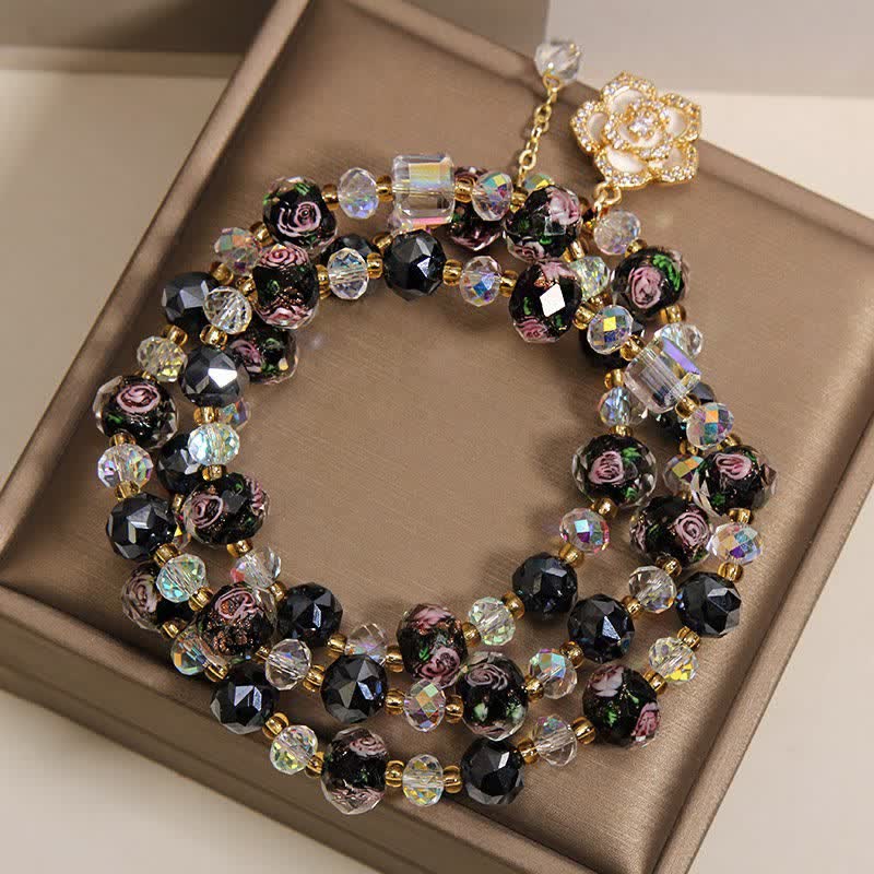 Buddha Stones ブラックリュウリガラスビーズフラワーカメリアチャームハーモニックコネクションブレスレット - image 2