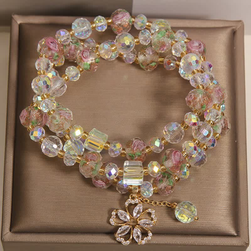 Buddha Stones ホワイトリュリガラスビーズ ローズガーデン トリプルラップ フローラルチャームブレスレット - image 1