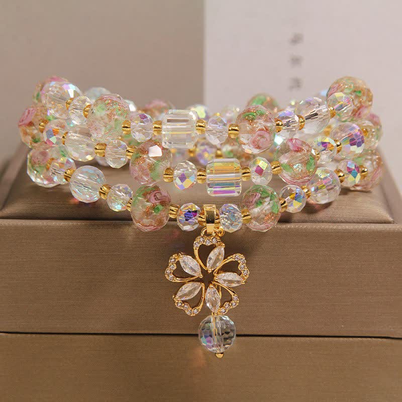 Buddha Stones ホワイトリュリガラスビーズ ローズガーデン トリプルラップ フローラルチャームブレスレット - ホワイトローズガーデン - image 0