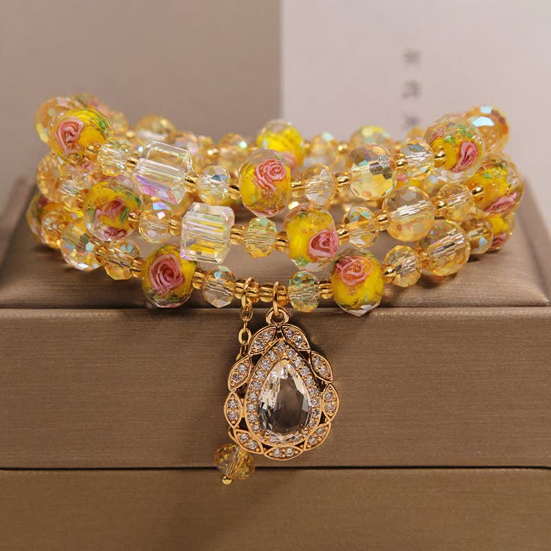 Buddha Stones ゴールデン・リウリ・グラス ローズガーデン ティアドロップ エナジー トリプルラップブレスレット - 黄色（手首周り：5.9～6.3インチ／15～16cm） - image 9