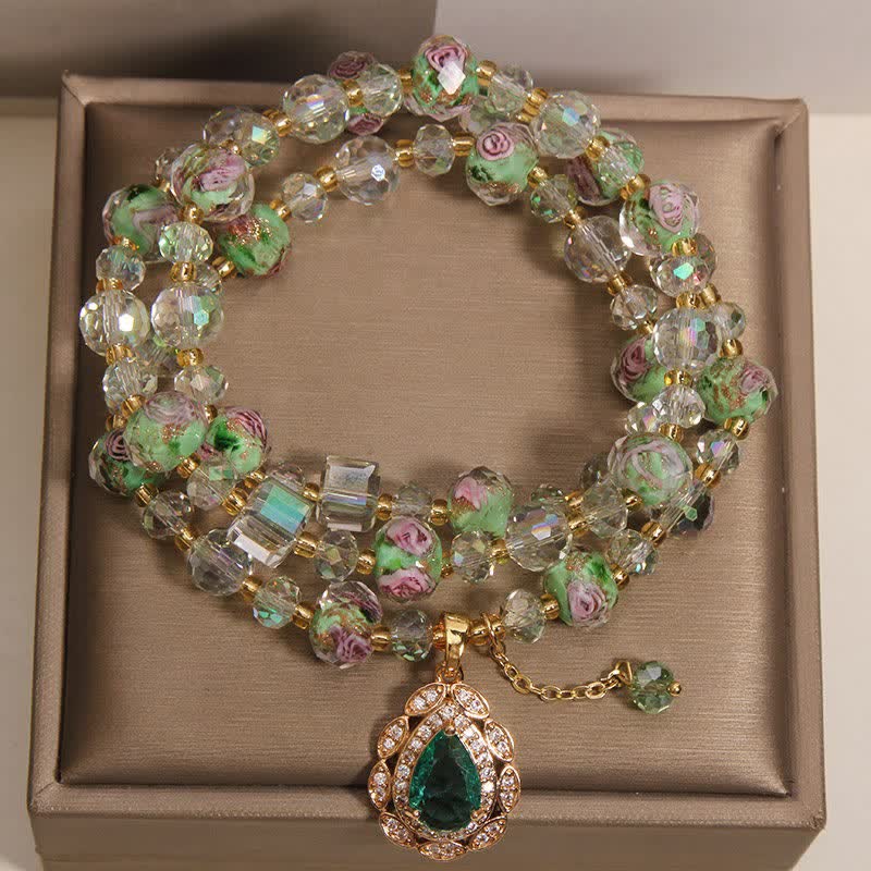 Buddha Stones ゴールデン・リウリ・グラス ローズガーデン ティアドロップ エナジー トリプルラップブレスレット - image 1