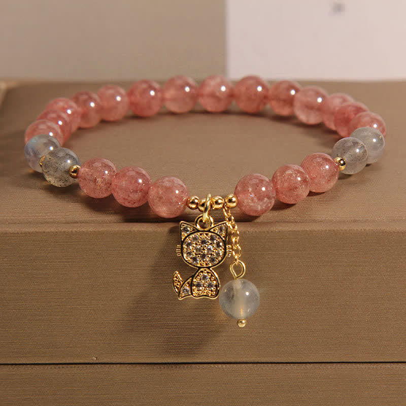 Buddha Stones ストロベリークォーツムーンストーン猫チャームラブブレスレット - ストロベリークォーツ（手首周り：5.5～5.9インチ／14～15cm） - image 0