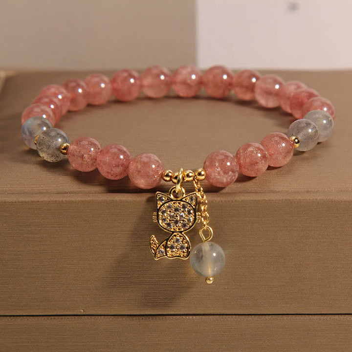Buddha Stones ストロベリークォーツムーンストーン猫チャームラブブレスレット - ストロベリークォーツ（手首周り：5.5～5.9インチ／14～15cm） - image 0