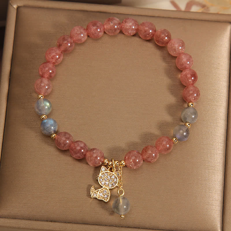 Buddha Stones ストロベリークォーツムーンストーン猫チャームラブブレスレット - image 2
