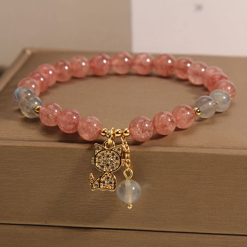 Buddha Stones ストロベリークォーツムーンストーン猫チャームラブブレスレット - image 5