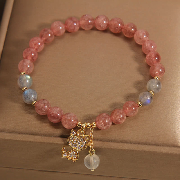 Buddha Stones ストロベリークォーツムーンストーン猫チャームラブブレスレット - image 1