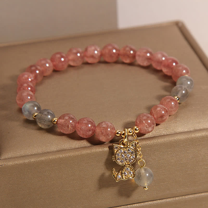 Buddha Stones ストロベリークォーツムーンストーン猫チャームラブブレスレット - image 4