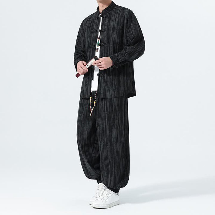 Buddha Stones 秋冬用唐風マンダリンカラーストライプコーデュロイシャツ＆パンツ 2点セット メンズ瞑想服 - 黒 - US/UK/AU46、 EU56 (5XL) - image 10