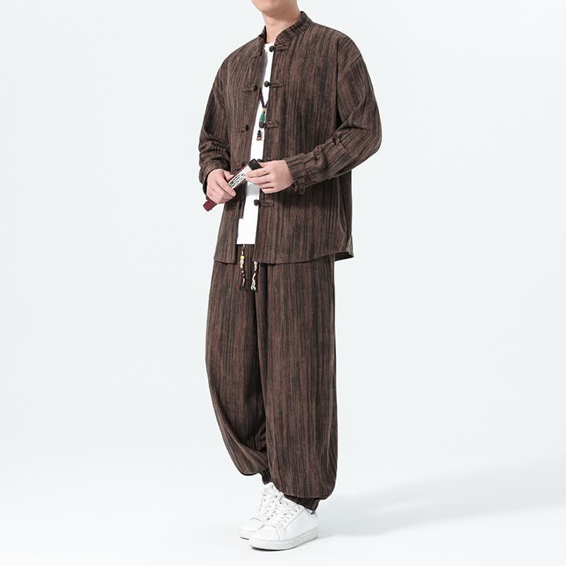 Buddha Stones 秋冬用唐風マンダリンカラーストライプコーデュロイシャツ＆パンツ 2点セット メンズ瞑想服 - サドルブラウン - US/UK/AU46、 EU56 (5XL) - image 17