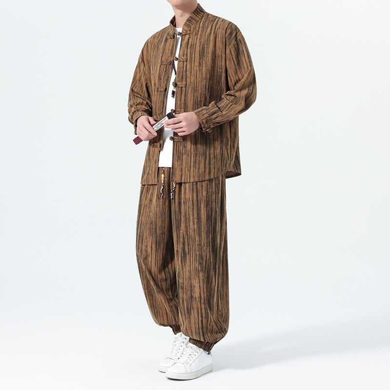 Buddha Stones 秋冬用唐風マンダリンカラーストライプコーデュロイシャツ＆パンツ 2点セット メンズ瞑想服 - タン - US/UK/AU46、 EU56 (5XL) - image 0