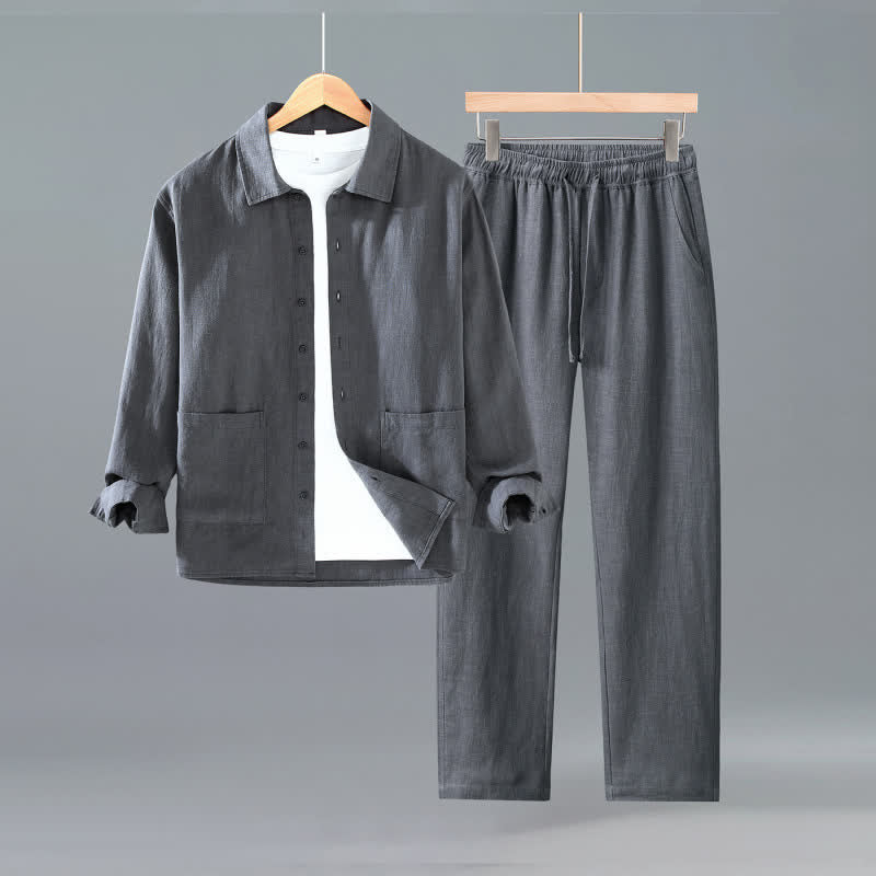Buddha Stones 春秋カジュアルミニマリストボタンアップ無地ラミーシャツパンツメンズ瞑想服ポケット付き - 薄暗い灰色 - US/UK/AU42、 EU52 (3XL) - image 0