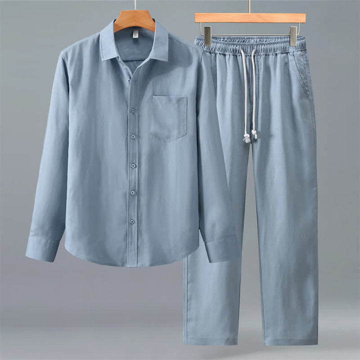Buddha Stones 2点セット 春秋カジュアルボタンアップ無地シャツパンツ メンズ瞑想服 ポケット付き - ライトスチールブルー - US/UK/AU42、 EU52 (3XL) - image 12