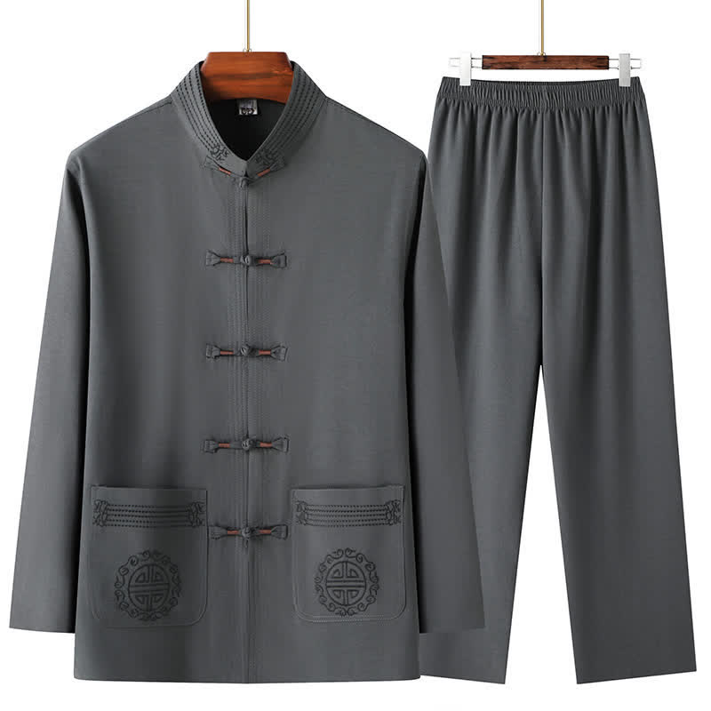 Buddha Stones 春秋用唐スタイルカジュアルマンダリンカラーカエルボタン無地シャツパンツメンズ瞑想服ポケット付き2点セット - 薄暗い灰色 - US/UK/AU44、 EU54 (4XL) - image 0