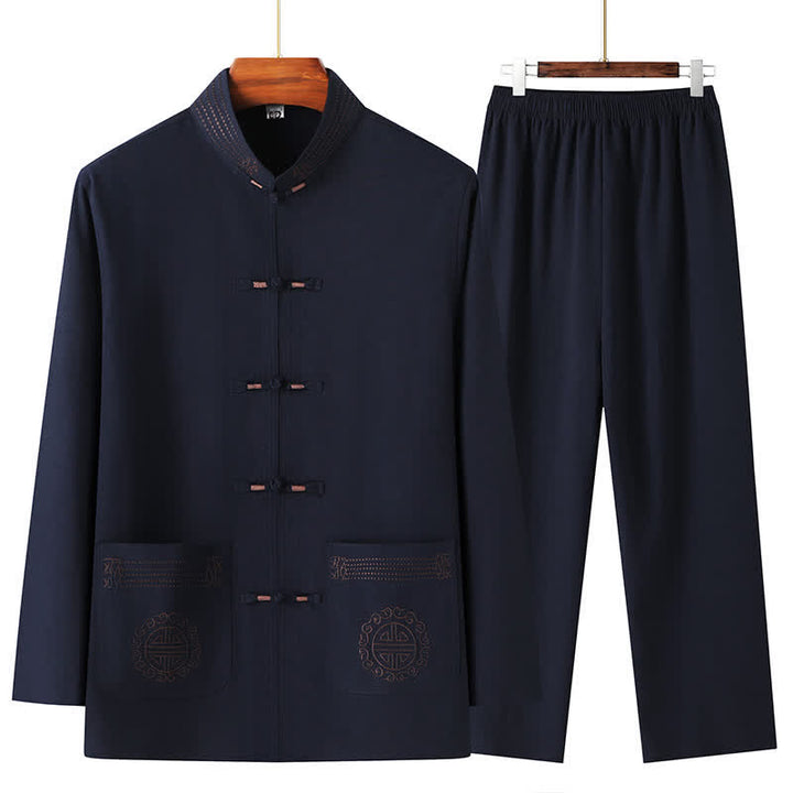 Buddha Stones 春秋用唐スタイルカジュアルマンダリンカラーカエルボタン無地シャツパンツメンズ瞑想服ポケット付き2点セット - ミッドナイトブルー - US/UK/AU44、 EU54 (4XL) - image 8