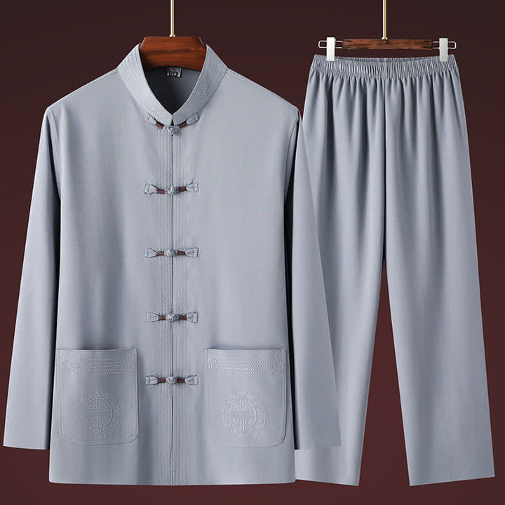 Buddha Stones 春秋用唐スタイルカジュアルマンダリンカラーカエルボタン無地シャツパンツメンズ瞑想服ポケット付き2点セット - ライトグレー - US/UK/AU44、 EU54 (4XL) - image 12