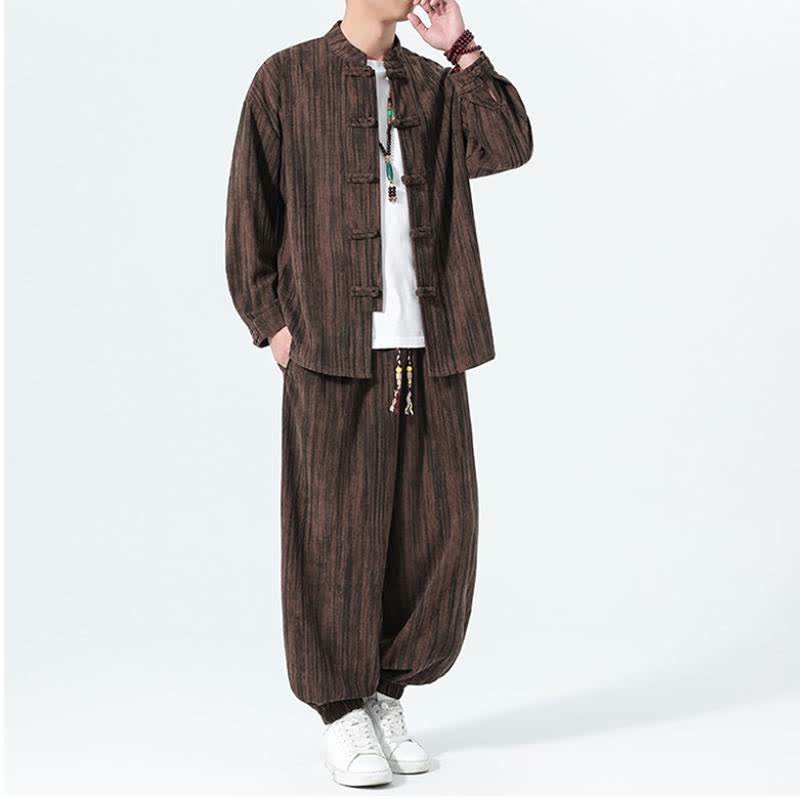 Buddha Stones 秋冬用唐風マンダリンカラーストライプコーデュロイシャツ＆パンツ 2点セット メンズ瞑想服 - image 18