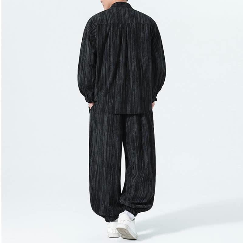 Buddha Stones 秋冬用唐風マンダリンカラーストライプコーデュロイシャツ＆パンツ 2点セット メンズ瞑想服 - image 14