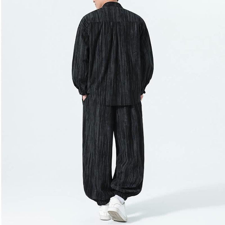 Buddha Stones 秋冬用唐風マンダリンカラーストライプコーデュロイシャツ＆パンツ 2点セット メンズ瞑想服 - image 14
