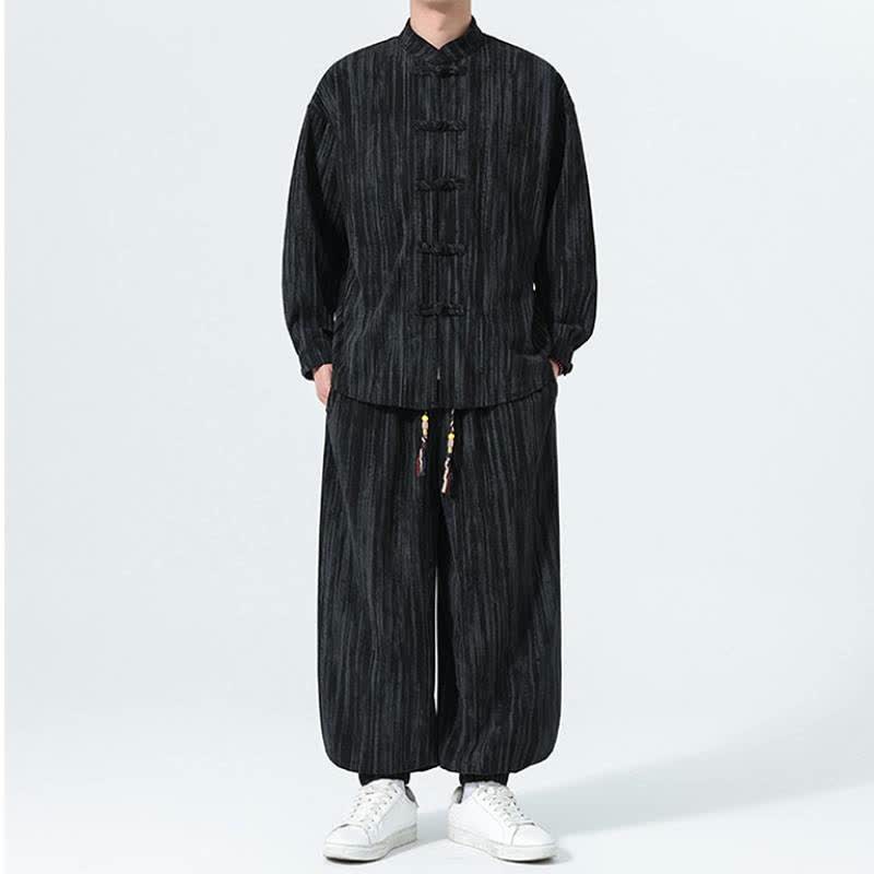Buddha Stones 秋冬用唐風マンダリンカラーストライプコーデュロイシャツ＆パンツ 2点セット メンズ瞑想服 - image 16
