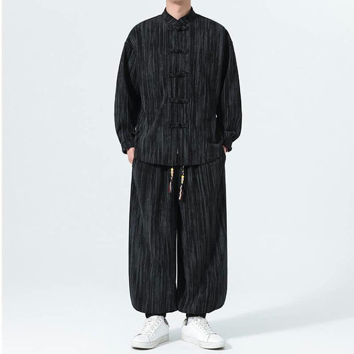 Buddha Stones 秋冬用唐風マンダリンカラーストライプコーデュロイシャツ＆パンツ 2点セット メンズ瞑想服 - image 16
