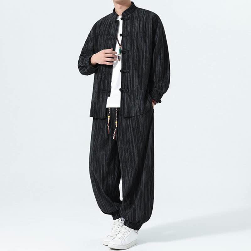 Buddha Stones 秋冬用唐風マンダリンカラーストライプコーデュロイシャツ＆パンツ 2点セット メンズ瞑想服 - image 15