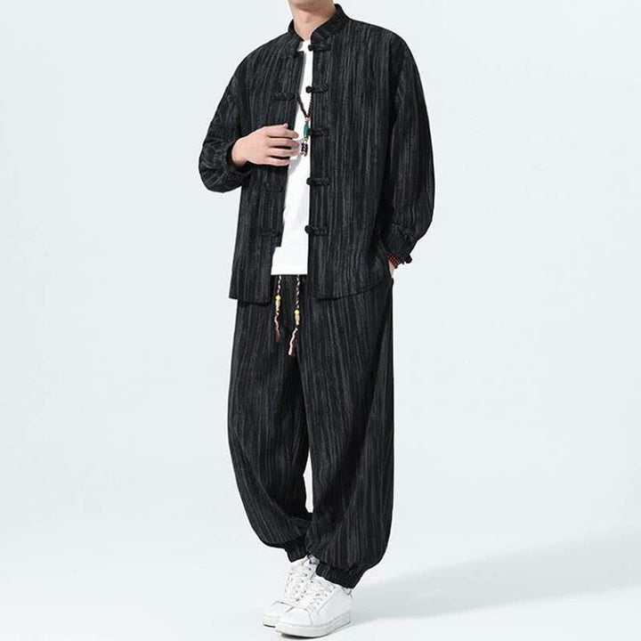 Buddha Stones 秋冬用唐風マンダリンカラーストライプコーデュロイシャツ＆パンツ 2点セット メンズ瞑想服 - image 15