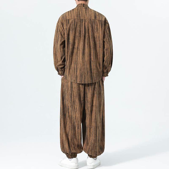 Buddha Stones 秋冬用唐風マンダリンカラーストライプコーデュロイシャツ＆パンツ 2点セット メンズ瞑想服 - image 4