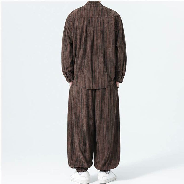 Buddha Stones 秋冬用唐風マンダリンカラーストライプコーデュロイシャツ＆パンツ 2点セット メンズ瞑想服 - image 21