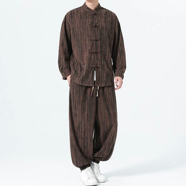 Buddha Stones 秋冬用唐風マンダリンカラーストライプコーデュロイシャツ＆パンツ 2点セット メンズ瞑想服 - image 22