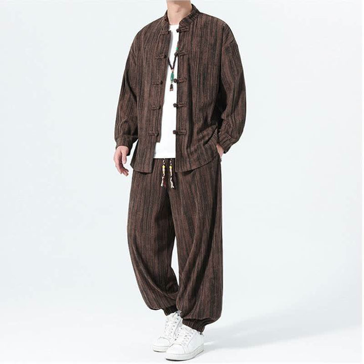 Buddha Stones 秋冬用唐風マンダリンカラーストライプコーデュロイシャツ＆パンツ 2点セット メンズ瞑想服 - image 19