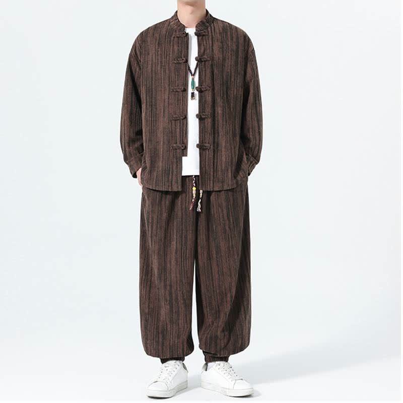 Buddha Stones 秋冬用唐風マンダリンカラーストライプコーデュロイシャツ＆パンツ 2点セット メンズ瞑想服 - image 20