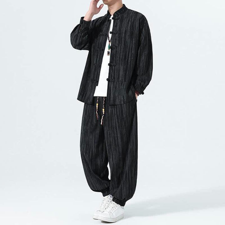 Buddha Stones 秋冬用唐風マンダリンカラーストライプコーデュロイシャツ＆パンツ 2点セット メンズ瞑想服 - image 12