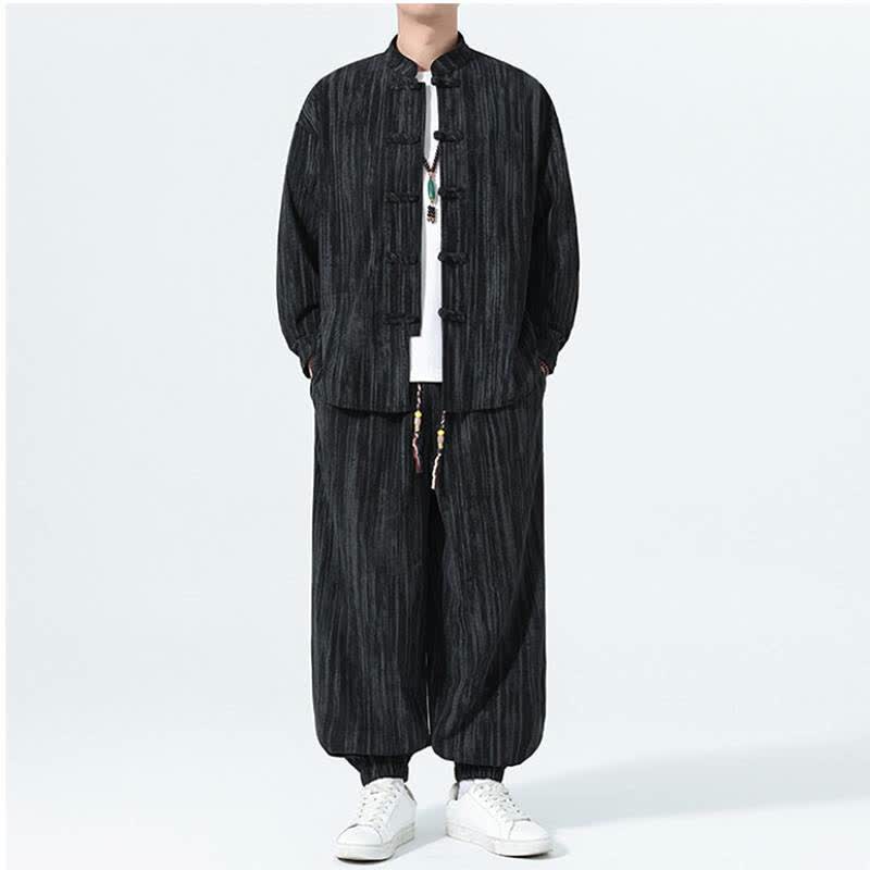 Buddha Stones 秋冬用唐風マンダリンカラーストライプコーデュロイシャツ＆パンツ 2点セット メンズ瞑想服 - image 13