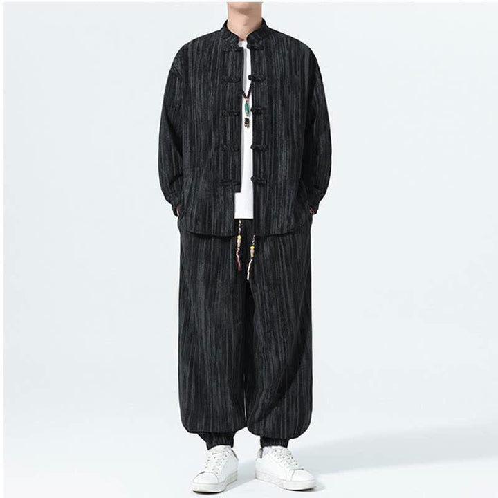 Buddha Stones 秋冬用唐風マンダリンカラーストライプコーデュロイシャツ＆パンツ 2点セット メンズ瞑想服 - image 13
