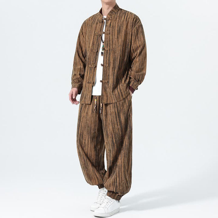 Buddha Stones 秋冬用唐風マンダリンカラーストライプコーデュロイシャツ＆パンツ 2点セット メンズ瞑想服 - image 3