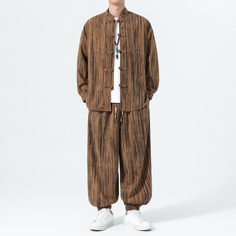 Buddha Stones 秋冬用唐風マンダリンカラーストライプコーデュロイシャツ＆パンツ 2点セット メンズ瞑想服 - image 1