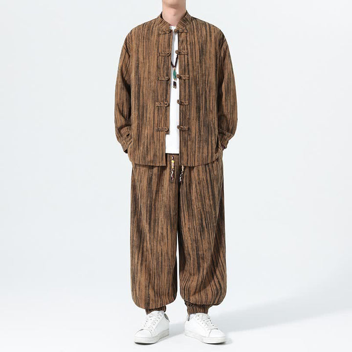 Buddha Stones 秋冬用唐風マンダリンカラーストライプコーデュロイシャツ＆パンツ 2点セット メンズ瞑想服 - image 1
