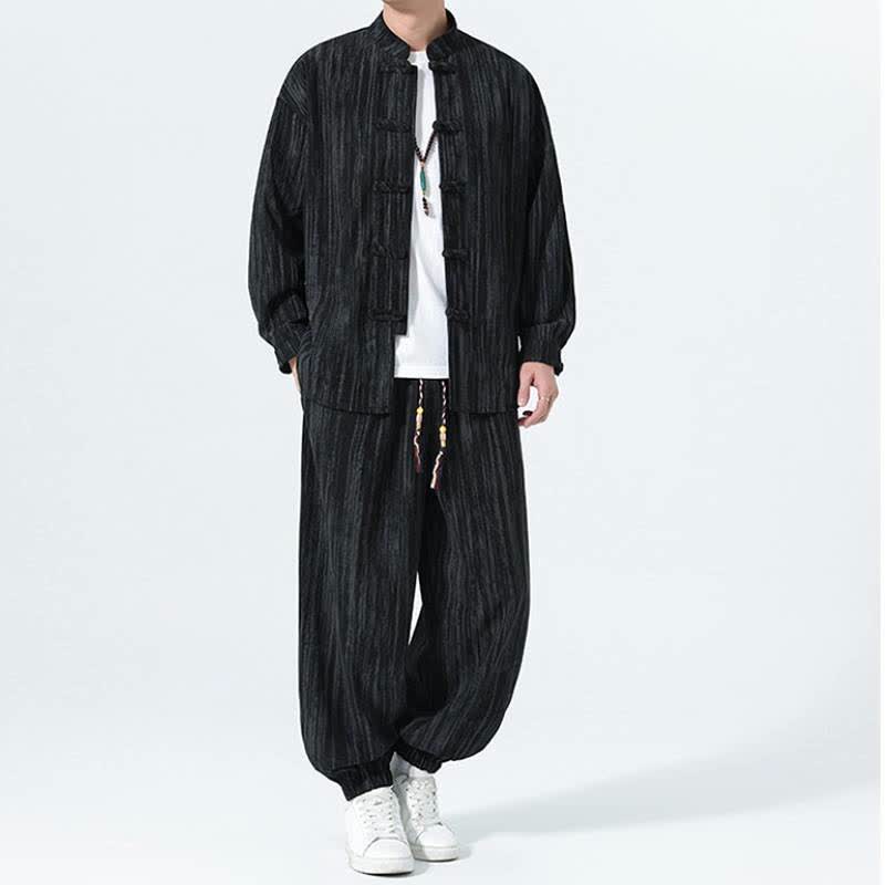 Buddha Stones 秋冬用唐風マンダリンカラーストライプコーデュロイシャツ＆パンツ 2点セット メンズ瞑想服 - image 11