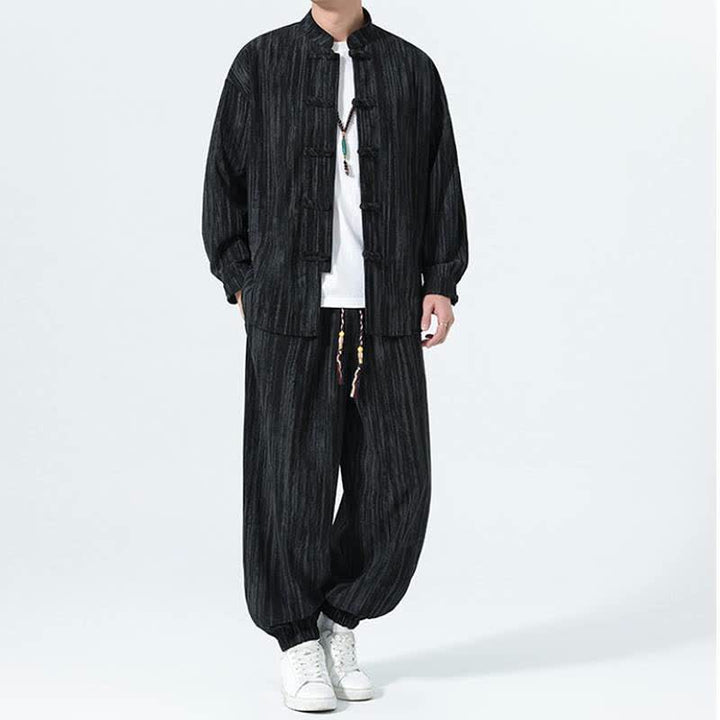 Buddha Stones 秋冬用唐風マンダリンカラーストライプコーデュロイシャツ＆パンツ 2点セット メンズ瞑想服 - image 11