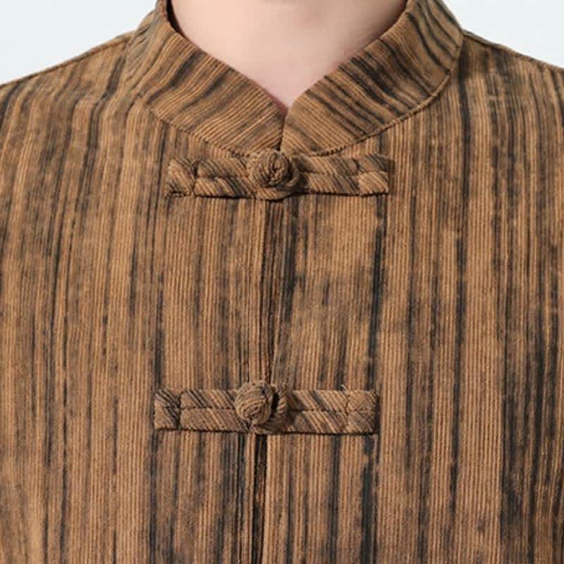 Buddha Stones 秋冬用唐風マンダリンカラーストライプコーデュロイシャツ＆パンツ 2点セット メンズ瞑想服 - image 6