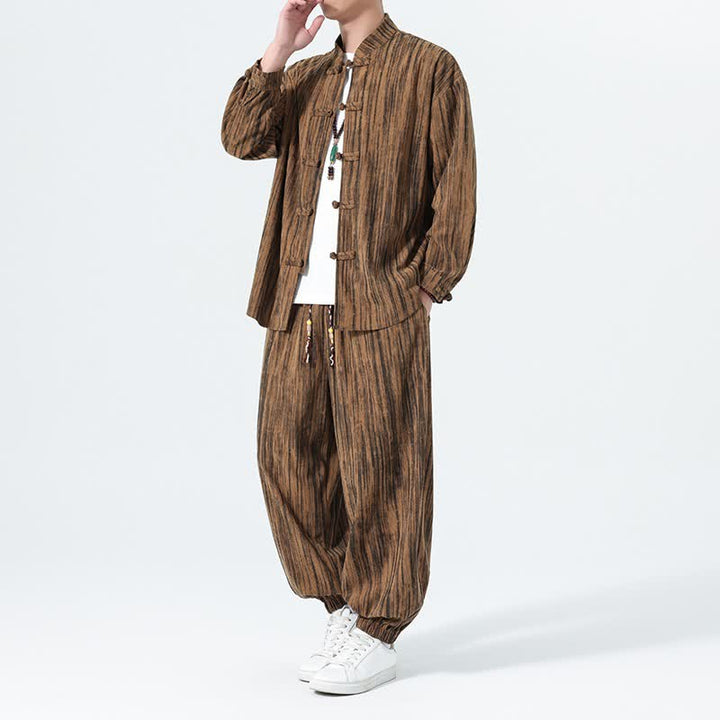 Buddha Stones 秋冬用唐風マンダリンカラーストライプコーデュロイシャツ＆パンツ 2点セット メンズ瞑想服 - image 2