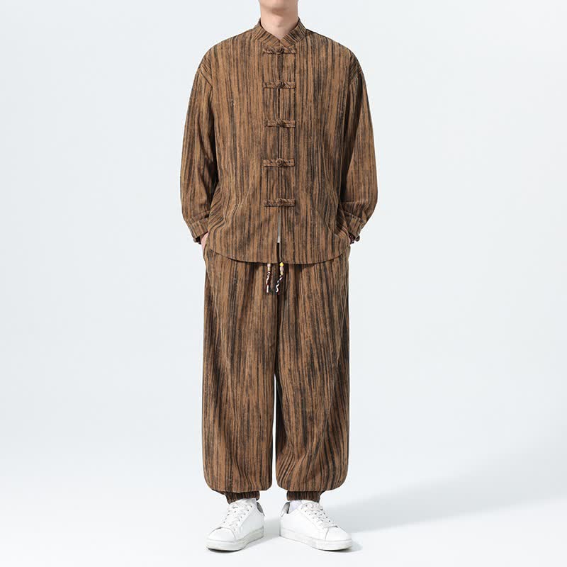 Buddha Stones 秋冬用唐風マンダリンカラーストライプコーデュロイシャツ＆パンツ 2点セット メンズ瞑想服 - image 5