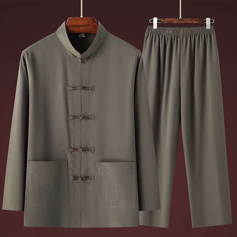 Buddha Stones 春秋用唐スタイルカジュアルマンダリンカラーカエルボタン無地シャツパンツメンズ瞑想服ポケット付き2点セット - image 11