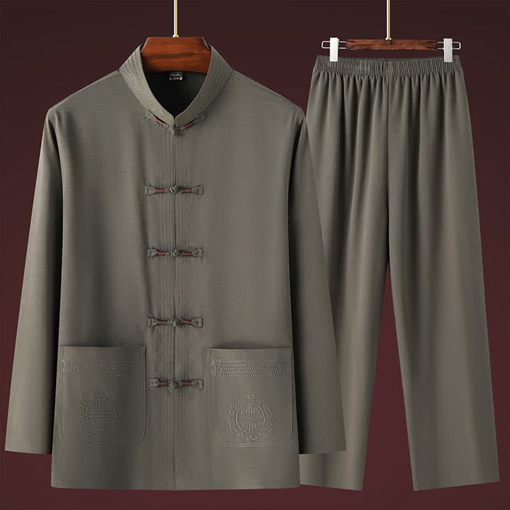 Buddha Stones 春秋用唐スタイルカジュアルマンダリンカラーカエルボタン無地シャツパンツメンズ瞑想服ポケット付き2点セット - image 11