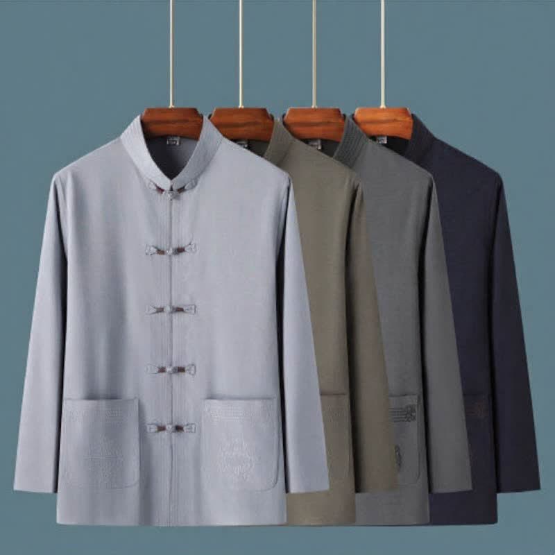 Buddha Stones 春秋用唐スタイルカジュアルマンダリンカラーカエルボタン無地シャツパンツメンズ瞑想服ポケット付き2点セット - image 13