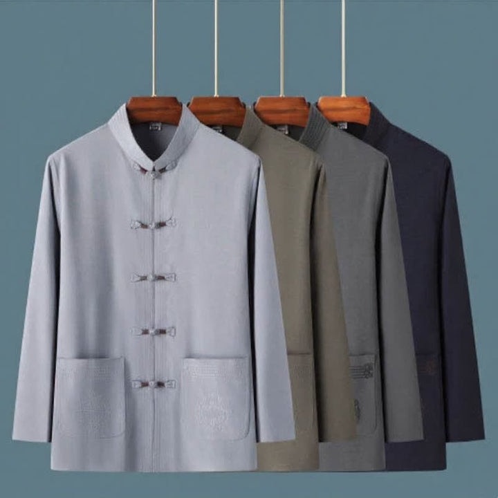 Buddha Stones 春秋用唐スタイルカジュアルマンダリンカラーカエルボタン無地シャツパンツメンズ瞑想服ポケット付き2点セット - image 13