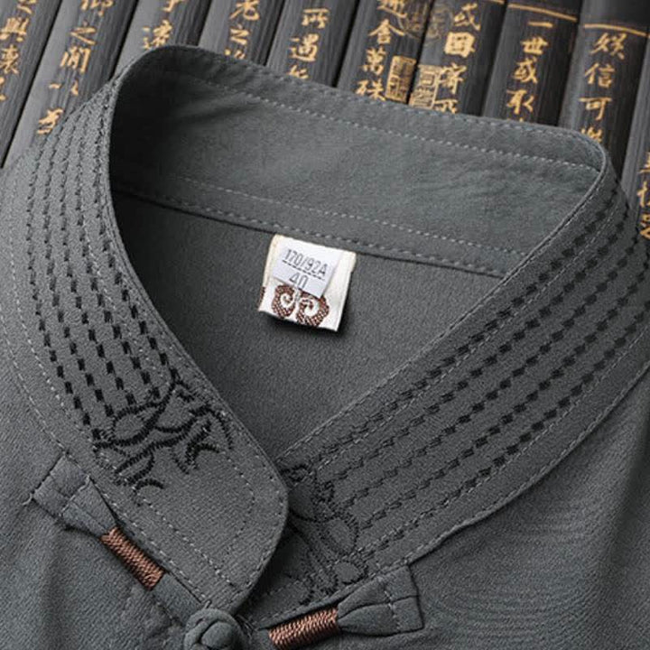 Buddha Stones 春秋用唐スタイルカジュアルマンダリンカラーカエルボタン無地シャツパンツメンズ瞑想服ポケット付き2点セット - image 2